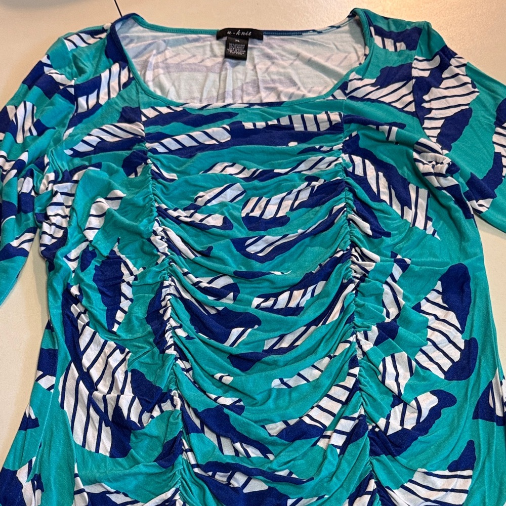 U-Knit XLTeal, Navy Blue and White Ruched Blouse